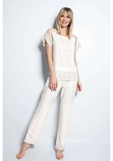 Monamise 19152 Kısa Kollu Pijama Takım - Ekru Ekru
