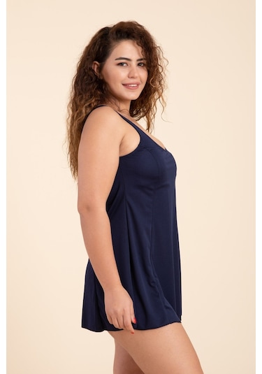 Kadın Büyük Beden Düz Askılı Etekli Elbise Mayo Lacivert-lacivert 30643 - 1 Lacivert