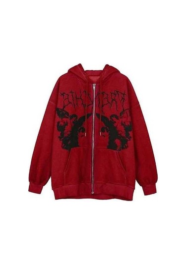 Novahub Kadın Vintage Melek Baskı Kapüşonlu Zip Up Uzun Kollu Cep Kazak Kırmızı Sonbahar/kış Kırmızı