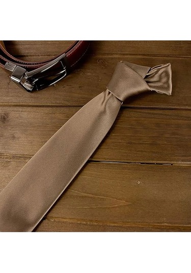 Tezzgelsin Erkek Saten Kravat ve Mendil Set Açık Kahve Açık Kahverengi