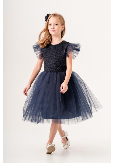 Tüllü Kız Çocuk Kpl Elbise Mnk0526 Koyu Lacivert