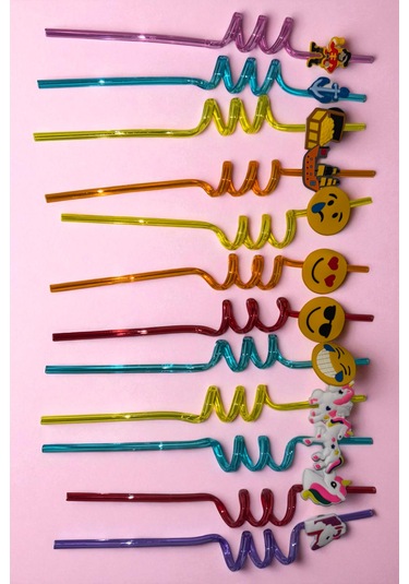 12'li Eğlenceli Sevimli Figürlü Pipet Yıkanabilir Karışık Model 26cm +3