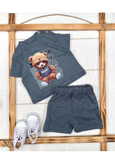 9-12-18-24 Ay Dansçı Ayıcık Baskılı Şortlu Kısa Kollu Tişört 2li Erkek Bebek Takımı Gri