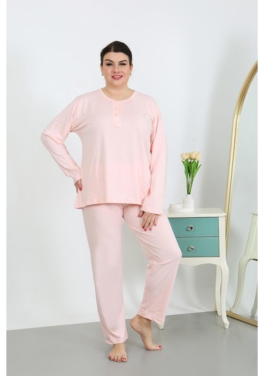 Akbeniz Kadın Büyük Beden Uzun Kol Penye Pijama Takımı Pembe 202501 Pembe