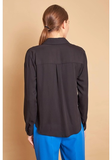 Yakalı Önü Pileli Uzun Kol Likrasız Şık Kumaş Gömlek-siyah Siyah