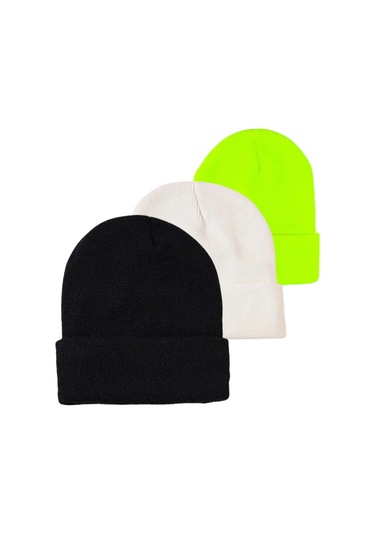 Unisex Kışlık Siyah-Beyaz-Neon Sarı Katlamalı Bere 3'lü Set Çok Renkli