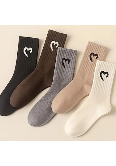 Kadın 5 Çift Premium Yüksek Pamuklu Yeni Kalp Desenli Casual Çorap Çok Renkli ASORTİ