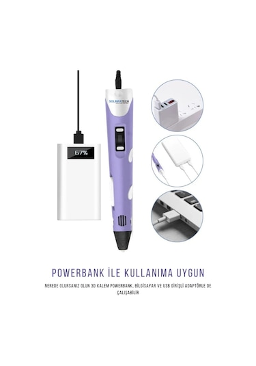 Mor 3D Kalem 3D Pen Yazıcı Kalem | 20 Adet 5 Metre (Toplam 100 Metre) Filament + USB KABLO