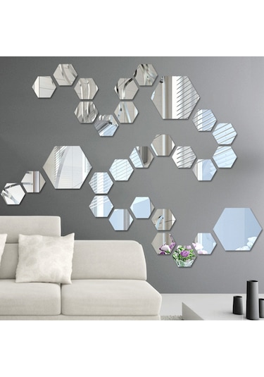 Yifomall Büyük Boy 18.4x18.4 Cm Gümüş Akrilik Ayna Duvar Sticker, 12 Adet Altıgen Kare, Oturma Odası Koridor Dekorasyon, Yansıtıcı Fonksiyonlu Duvar Aksesuarı Diğer