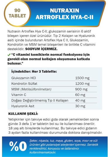 Nutraxin Artroflex HYA-C-II 90 Tablet–Tip II Kolajen, Glukozamin, MSM, Hyaluronik Asit Eklem Destek Takviyesi