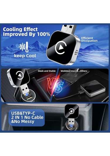 Jeehugo 2025 Yeni Versiyon Kablosuz Carplay Android Auto Adaptörü - Usb/type-c Desteği, Hızlı Bağlantı, Ultra Mini Tasarım Gümüş