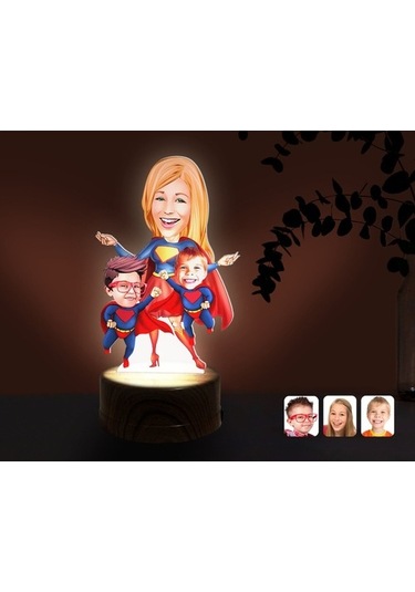 Kişiye Özel Süper Anne Ve Çocuklar Karikatürlü Dekoratif 3D Biblo