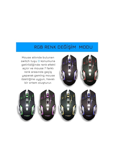 UpWay TW-Q13 2400 DPI Sessiz Kablosuz RGB Oyuncu Mouse