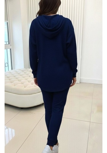 S-pazarım Kadın Uzun Kollu Kapşonlu Meloni Bluz Ve Pantolon Ikili Takım Lacivert