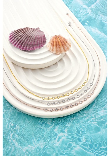 925 Ayar Gümüş Zirkon Taşlı Kısa Tamtur Parçalı Kolye Altın