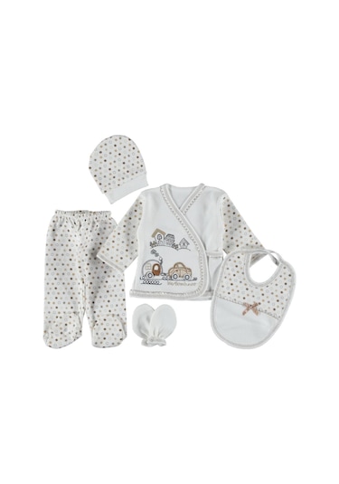 0-3 Aylık 5 Li Arabalı Zıbın Seti Hastane Çıkış Seti %100 Pamuklu Kutusuz Bej