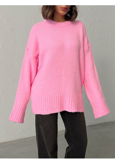 Kadın Yumuşak Dokulu Bisiklet Yaka Oversize Basic Triko Kazak Pembe