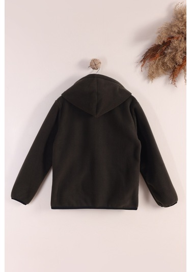 Monox Lastik Manşetli Fermuarlı Kapüşonlu Çocuk Unisex Polar Ceket Haki