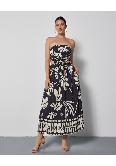 Kadın Straplez Desenli Takım Bağlamalı Büstiyer Ve Bol Kesim Pantolon Etek Siyah