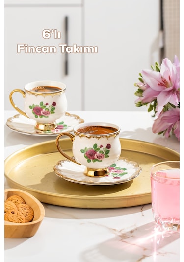 Porsima 3187 Majesty 12 Parça Yaldızlı Porselen Türk Kahve Fincan Takımı Çok Renkli