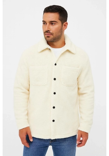 Erkek Pelüş Polar Hırka Gömlek Yakalı, İlik Düğmeli, Göğüs Cepli, Yumuşak Dokulu Kışlık Regular Fi Beyaz