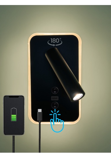 Type-c Girişli Led Duvar Okuma Lambası Başucu & Çalışma Apli... Siyah