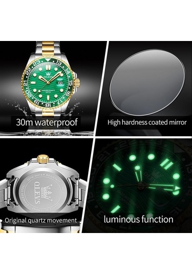 Novahub Olevs 3610 Erkekler Çelik Kayış Aydınlık Su Geçirmez Kuvars Saat Yeşil Altın Çok Renkli Çok Renkli