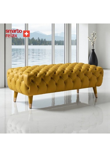 Smarto Relax Puf Adelboden Ahşap Ayaklı Kapitoneli 110x45x40 Cm Sarı Sarı