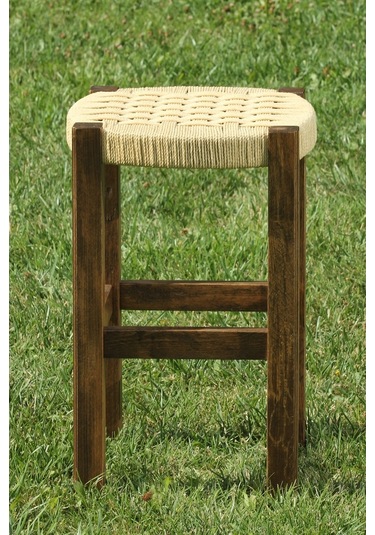 Ceviz Rengi Ahşap Hasır Örgülü Büyük Boy Tabure 2 Adet