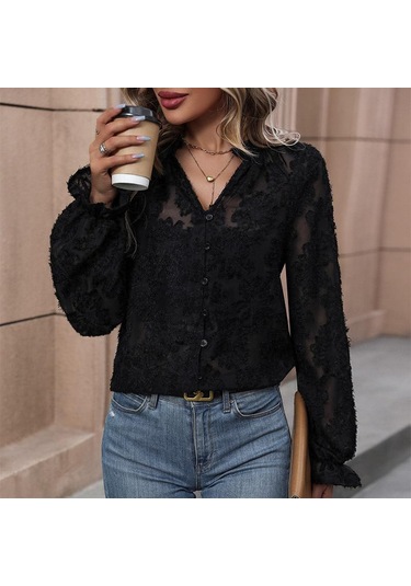 İlkbahar Sonbahar Kadın Gömlek Bluz V Yaka Mizaç Zarif Siyah Dantel Uzun Kollu Bluz Siyah