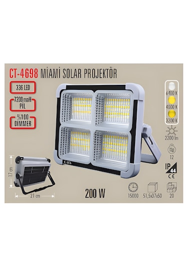 Cata Ct-4698 Solar Projektör 200w Şarjlı Led Projektör Ip65 3 Renk Modlu Dimmerli Işık