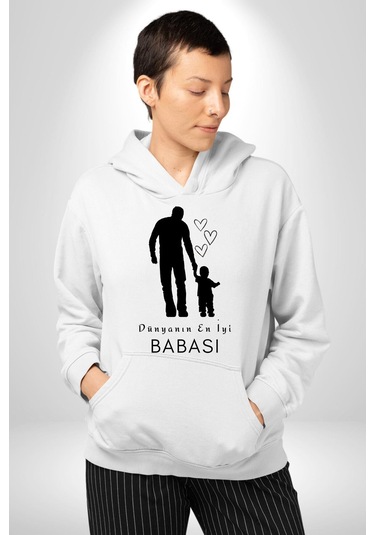 Babalar Günü Dünyanın En İyi Babası Kadın Erkek Beyaz Kapüşonlu Sweatshirt Hoodie Beyaz