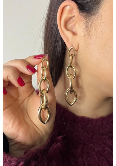 Gold İç İçe Geçmeli Elips Model Sallantılı Çelik Küpe Gold