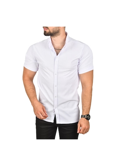 Deepsea Erkek Beyaz Slim Fit Likralı Spor Gömlek Dar Kesim Jakar Kumaş Kısa Kol Gömlek 2500804 Beyaz