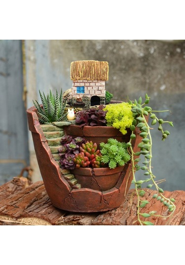 Jeehugo Kahverengi Sentetik Reçine Süs Bitki Saksısı - Detaylı Sanatsal Desen, Su Drenajı & Kaymaz Önleyici - Ev Dekorasyonu İçin Hafif Ve Dayanıklı