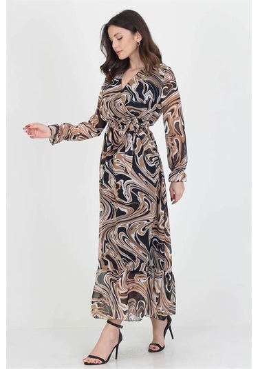 Dipmoda Kadın Kruvaze Yaka Bağlama Detaylı Eteği Fırfırlı Uzun Şifon Elbise Kts003 Camel/siyah