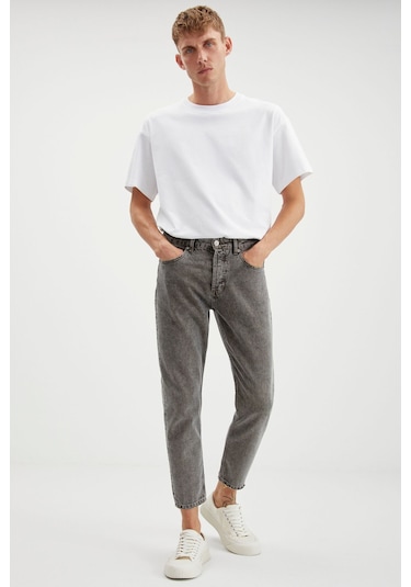 Gılberto  Erkek Carrot Fit Havuç Paça Eskitme Yıkamalı Kalın Dokulu Denim Gri Jeans