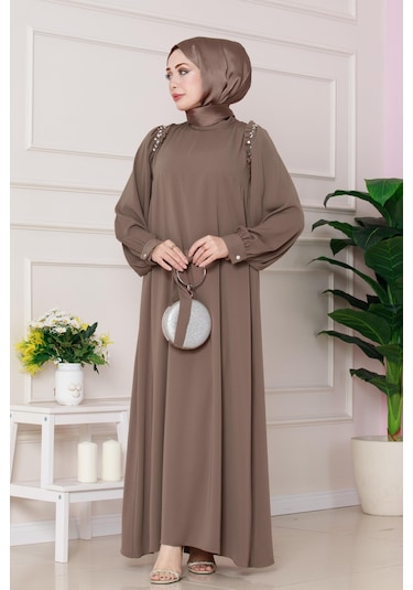 Omuzu Taş Detaylı Rose Elbise-vizon-4771 Vizon