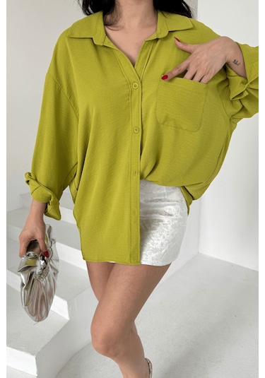 Paw Garage Kadın Perla Olive Tek Cepli Oversize Gömlek, Geniş Kalıp Gömlek, Ayrobin Gömlek Yeşil