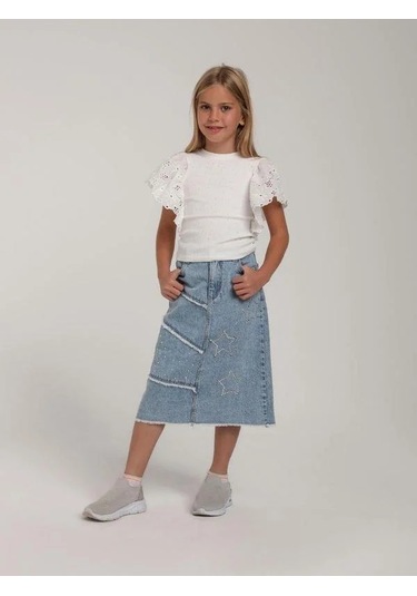 Kız Çocuk Pamuklu Kolsuz Kolları Güpür Bedeni Taşlı Bluz-15601 Beyaz
