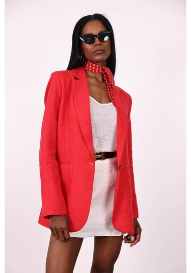 Kırmızı %100 Ham Keten Ceket Kırmızı