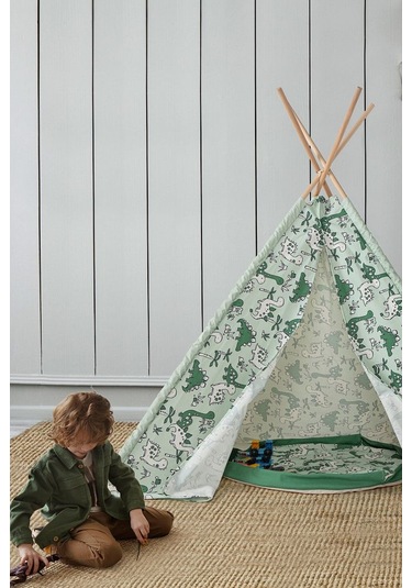 Çocuk Oyun Çadırı Ahşap Direkli Geniş Oyun Evi 150x150x200 Cm Yeşil