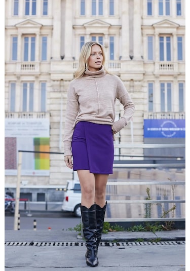 Kadın Hafif Likralı Kumaş Yüksek Bel Anvelop Kruvaze Hafif Mini Kalem Etek-mor Mor