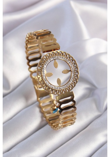 316l Çelik Gold Renk Çeyrek Altın Takılabilen Zirkon Taş İşleme Detay Kadın Bileklik