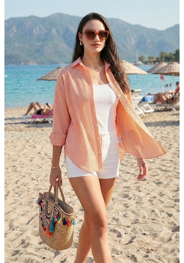 Lela Regular Fit Uzun Kollu Cepli Çizgili Bayan Gömlek 6772895 Oranj Lela Regular Fit Uzun Kollu Cepli Çizgili Bayan Gömlek 6772895 Oranj