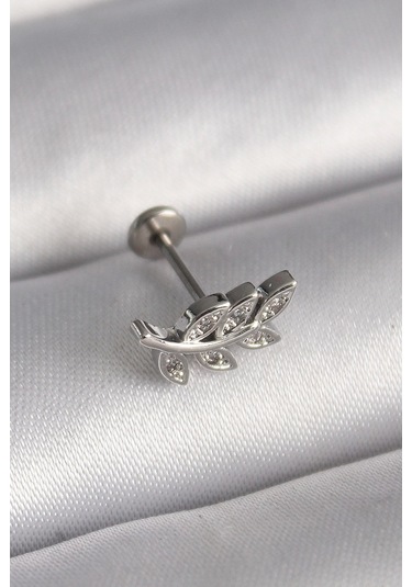 316l Çelik Gümüş Renk Dal Model Zirkon Taş Detaylı Tragus Piercing Çok Renkli