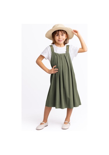 Askıları Nakışlı Keten Kız Çocuk Elbise Haki Haki