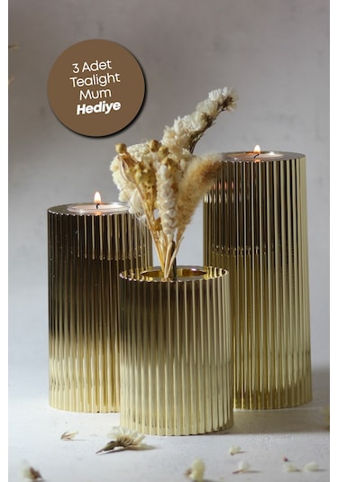 3 Lü Gold Krom Tırtıklı Yüzey Mumluk Dekoratif Tealight Set Mum