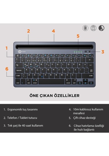 Lecoo Bk100 Wireless Bluetooth Standlı Kablosuz Şarjlı Klavye Gri