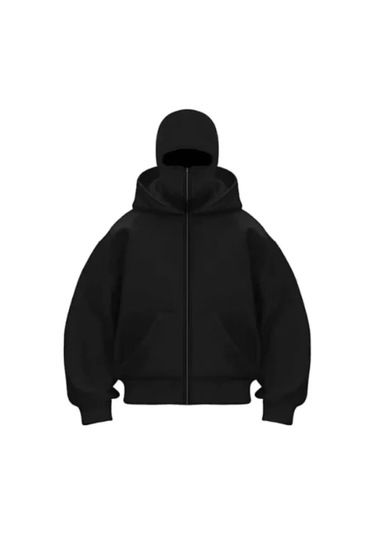 Kadın Samuray Ninja Çift Kapşonlu Zıp Fermuarlı Kanguru Çepli Hoodie Maske Detaylı Swetshirt - Siyah Siyah